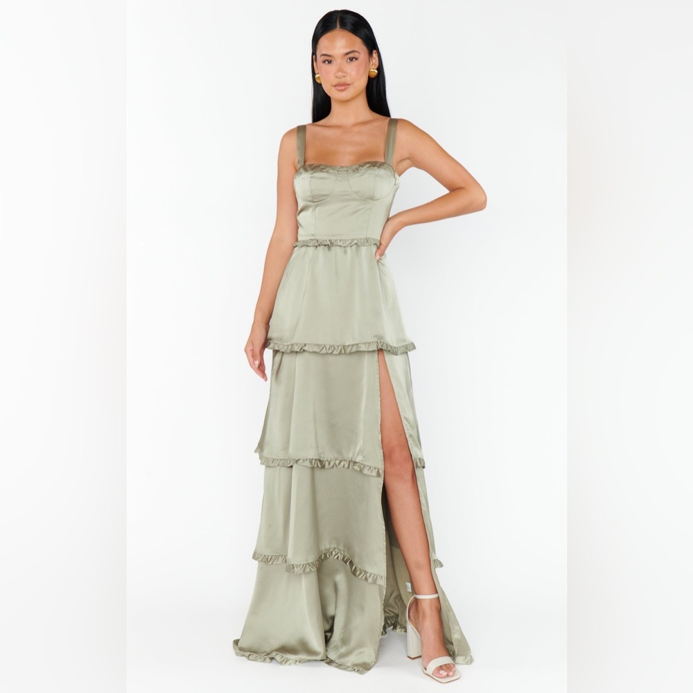 Show Me Your MuMu Sage Green Tiered Satin Maxi Dress